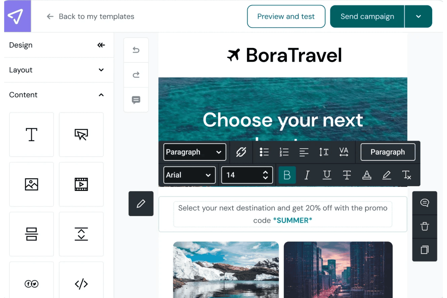 Mailjet interface with email campaign editor, responsive previews, templates, and team collaboration.