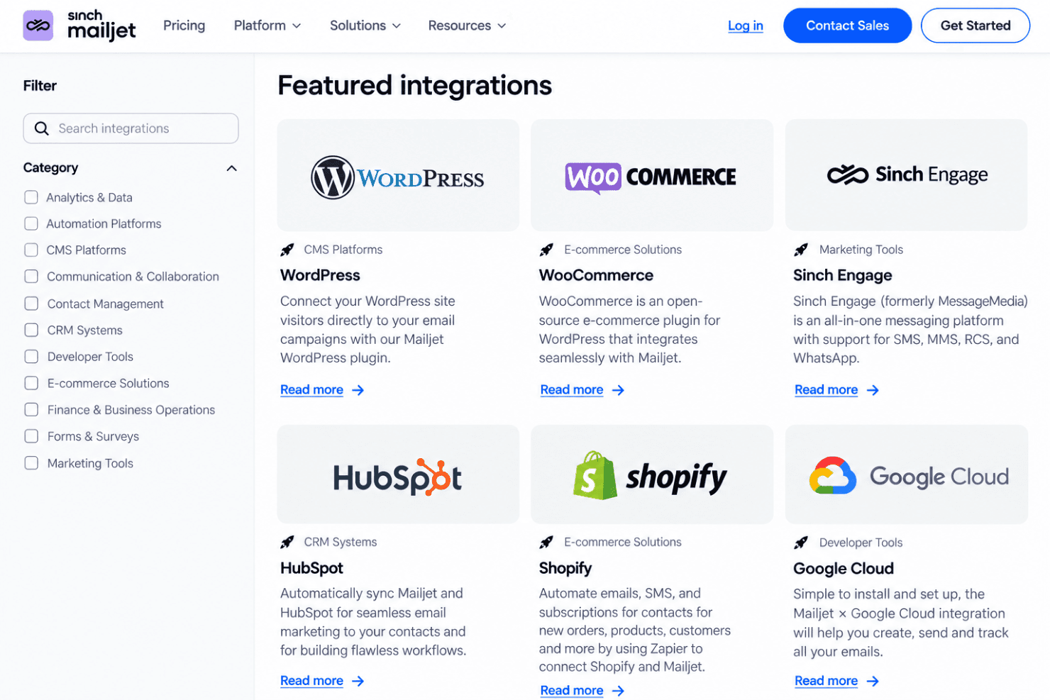 Mailjet integrations with Shopify, WordPress, HubSpot, Salesforce, Zapier, and Make.