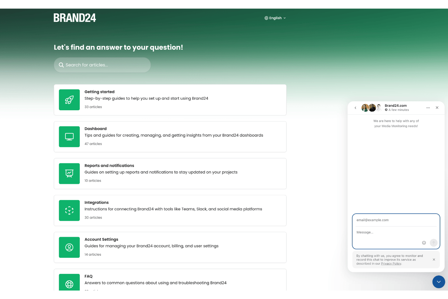 Brand24 help center with article categories and a live chat widget open