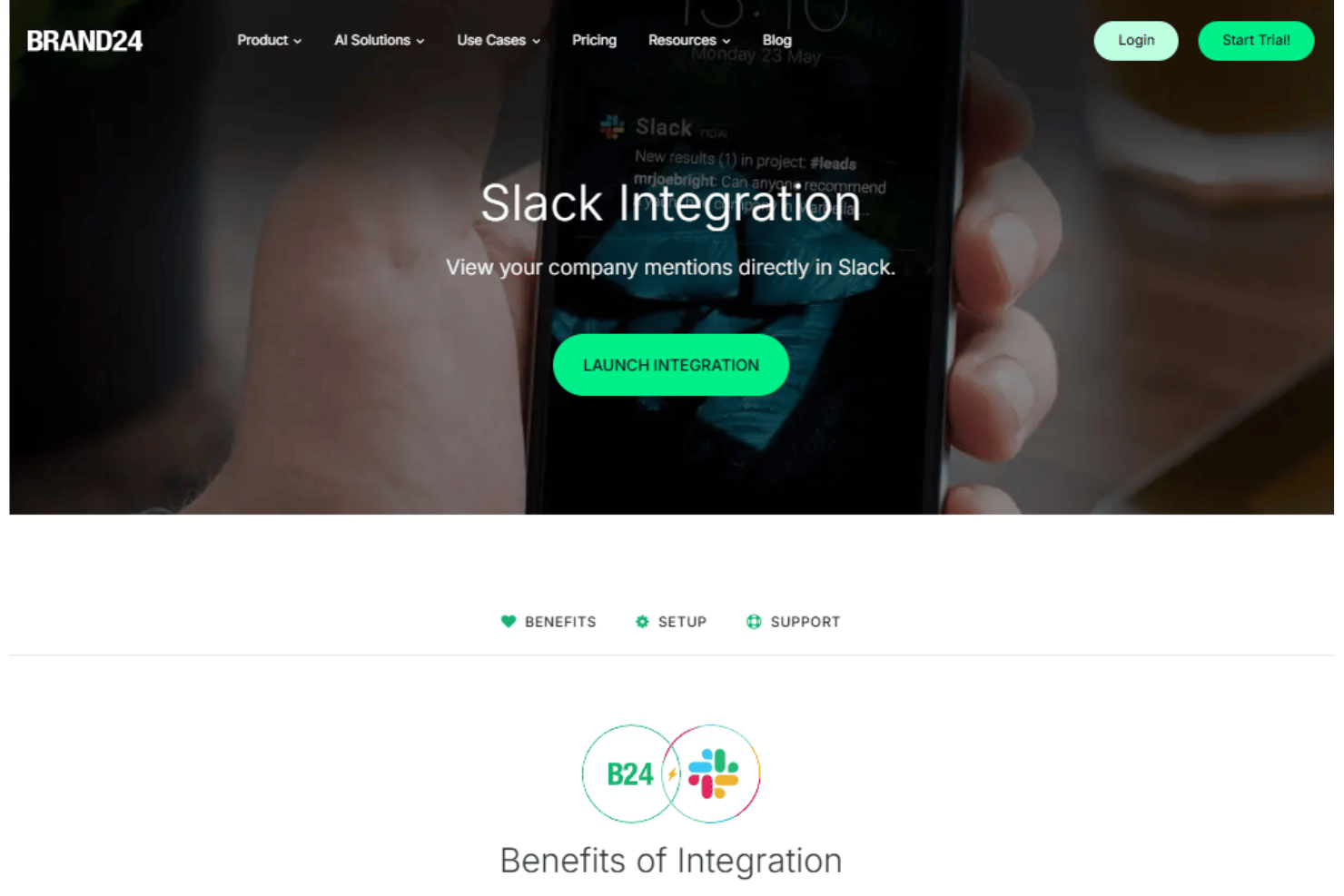 Brand24 Slack integration page showing a phone notification and launch button
