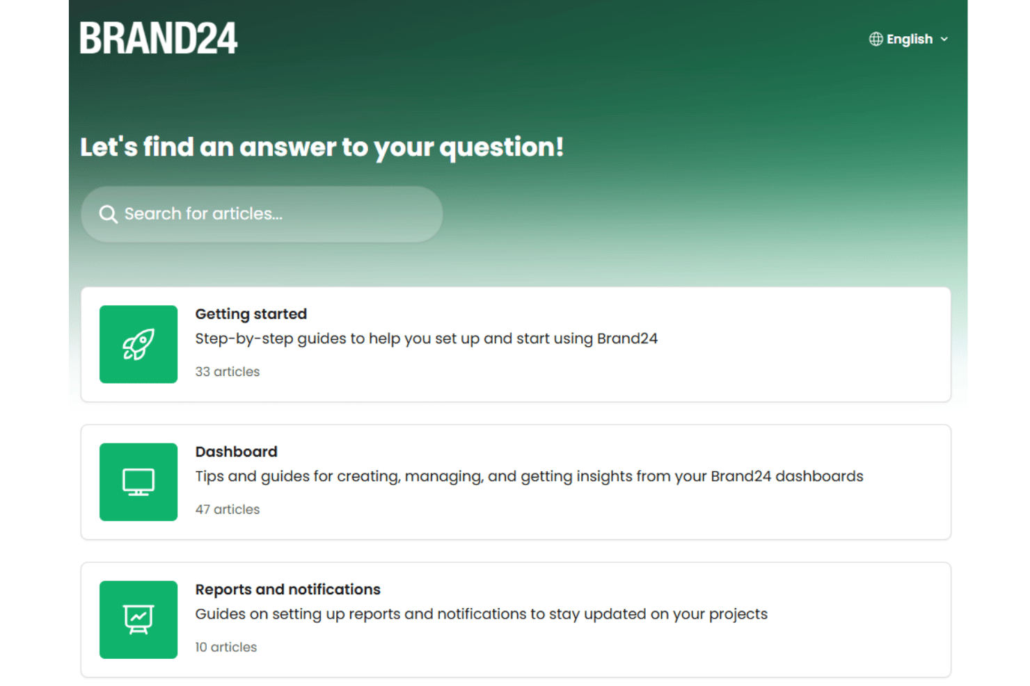 Brand24 help center homepage with search bar and three article categories listed