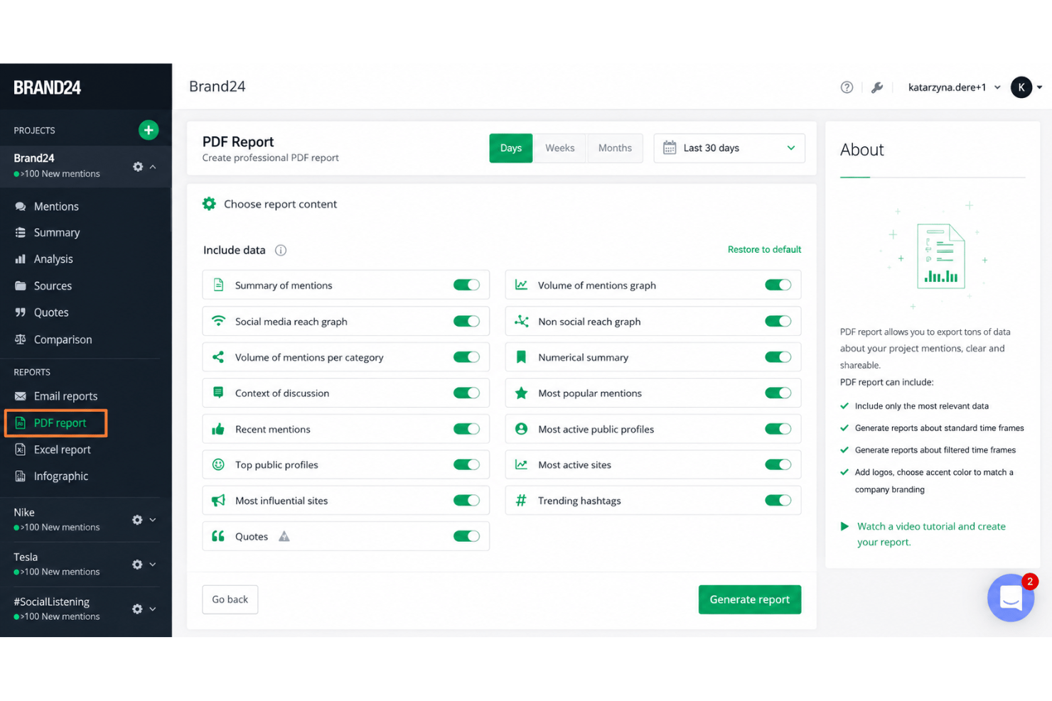 Brand24 PDF report builder with toggleable content sections and generate report button