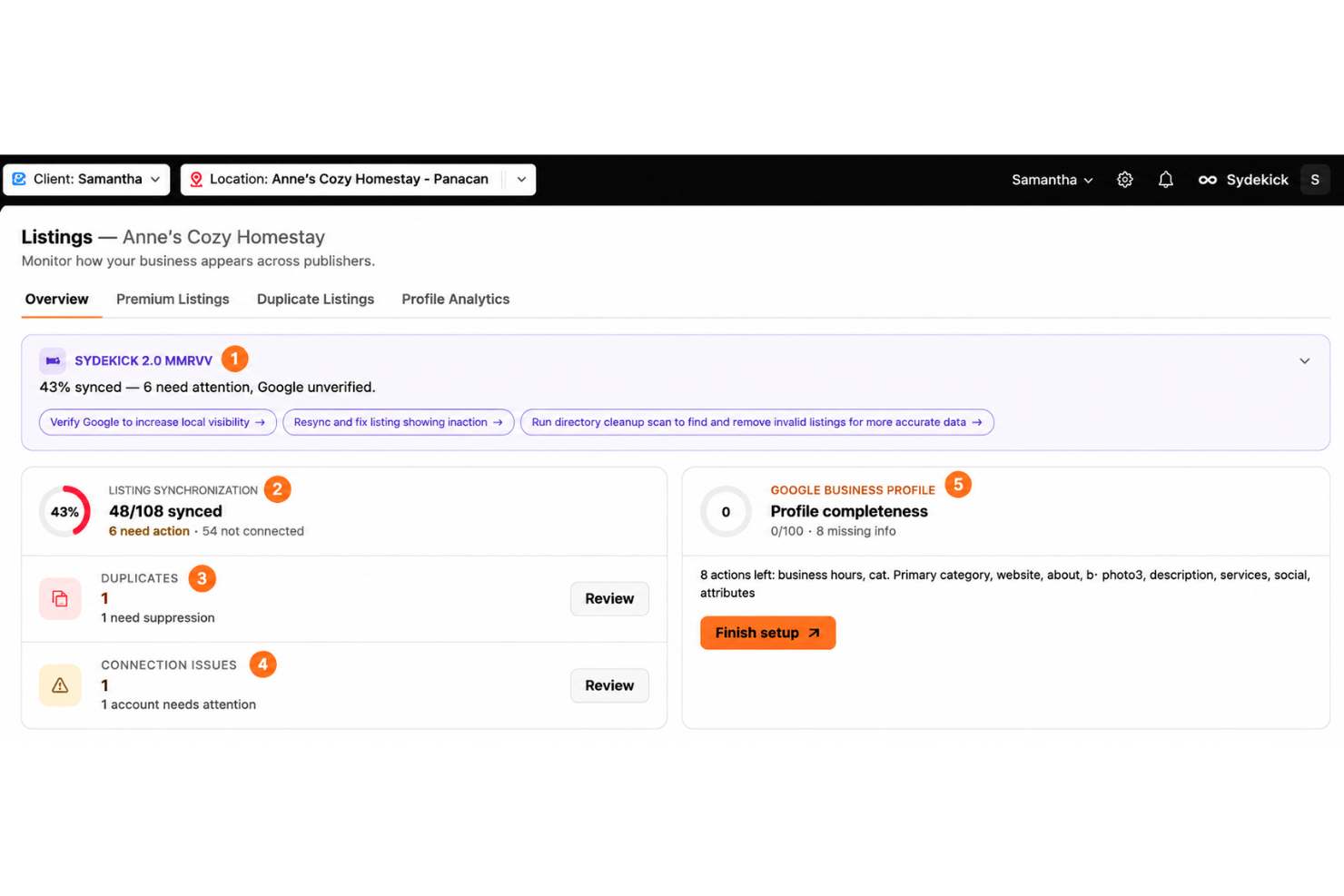 Synup listing audit with data conflicts, errors, and duplicate profiles.
