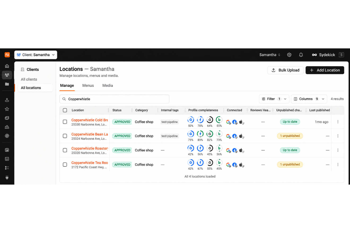 Synup bulk location management with hours, phone, and profile updates.