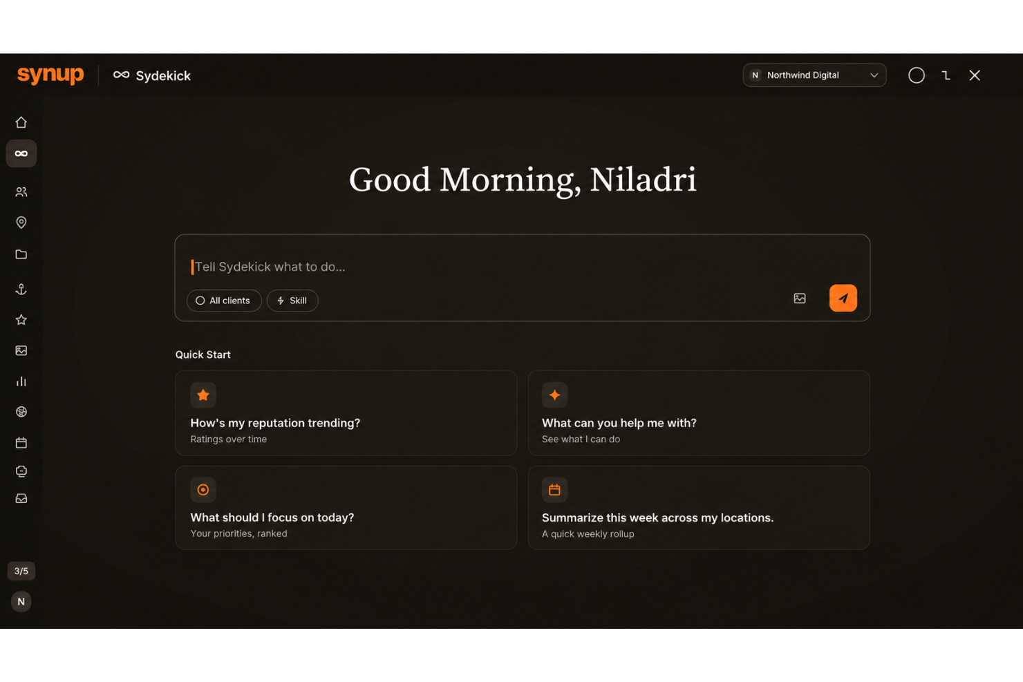 Synup workspace with listings, reviews, rankings, social, and Sydekick AI.