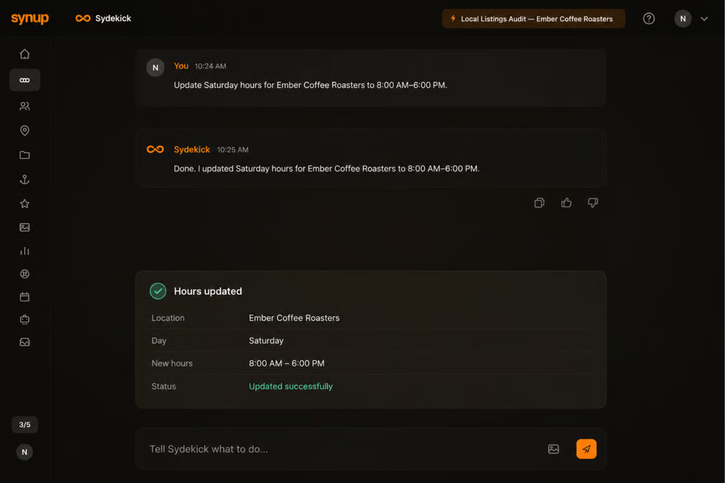 Synup Sydekick AI assistant with listings, reviews, posts, and alerts.