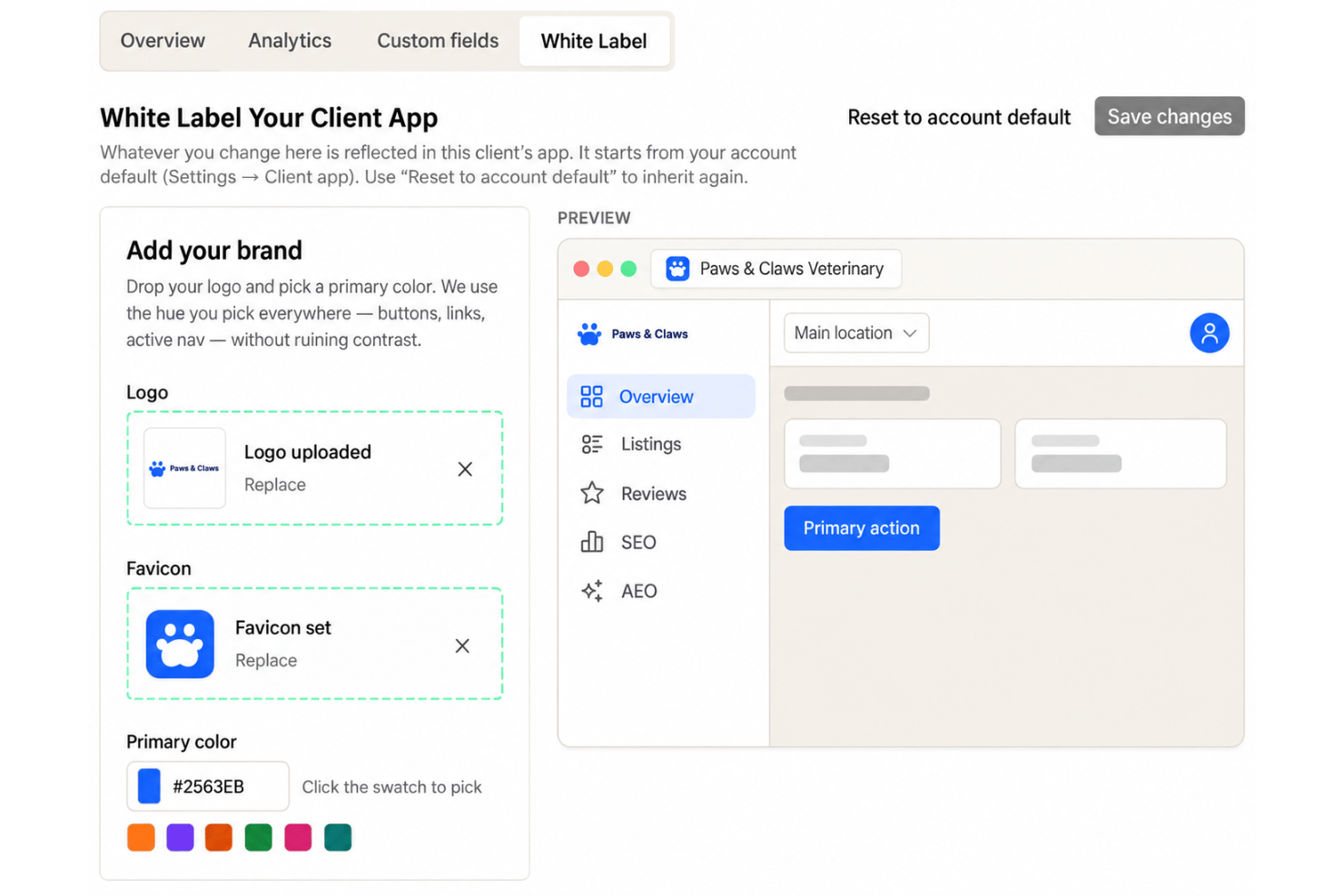 Synup white-label portal with client listings, reviews, and reports.