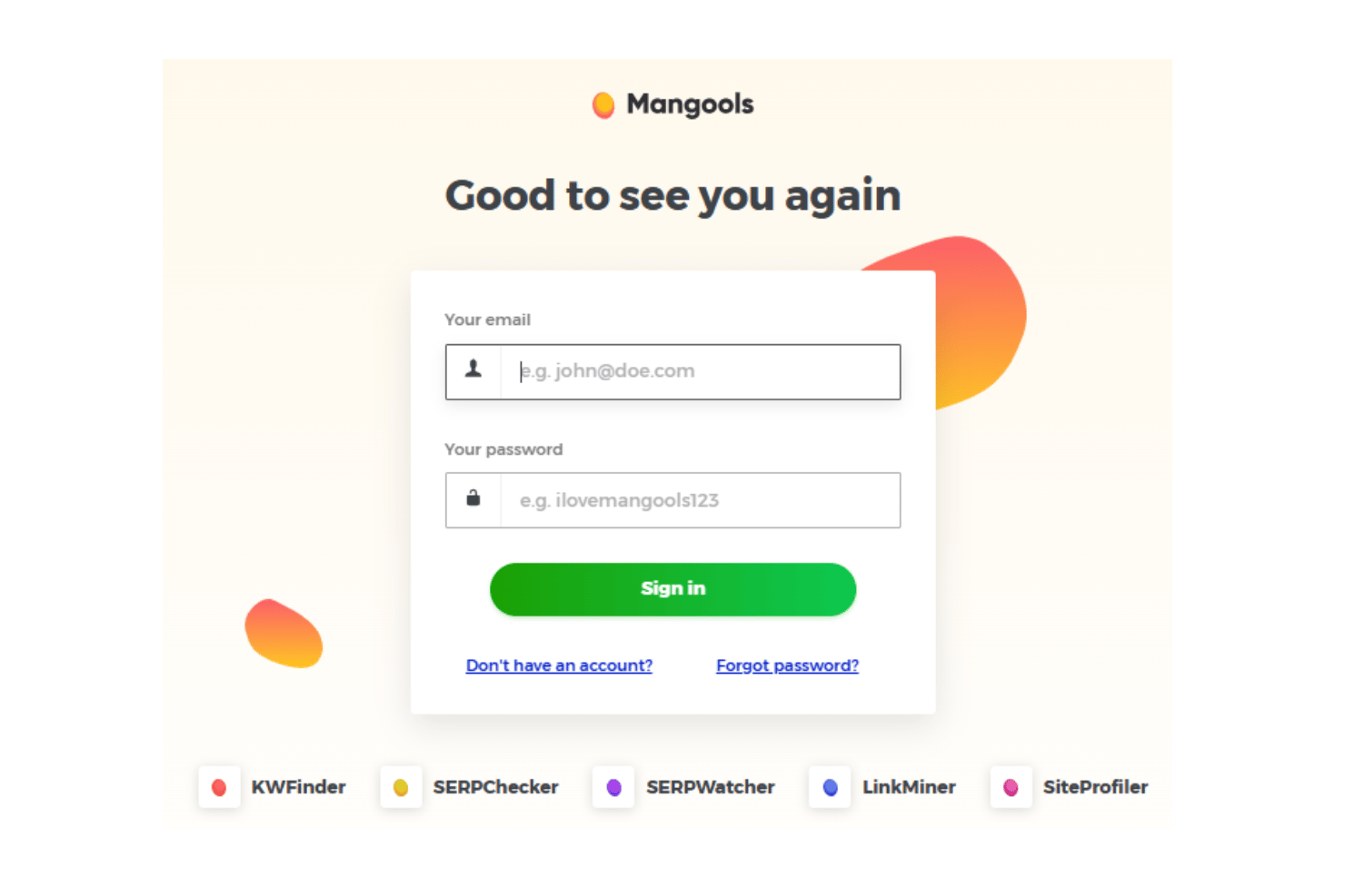 Mangools KWFinder onboarding experience with tutorials, tooltips, knowledge base resources, and customer support.