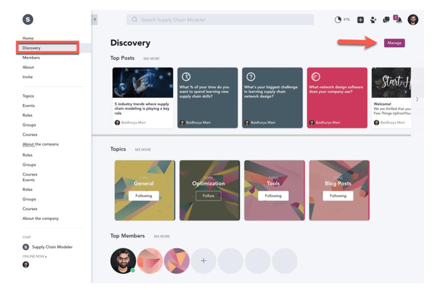 Mighty Networks community discovery engine recommending groups, topics, and personalized content to members.