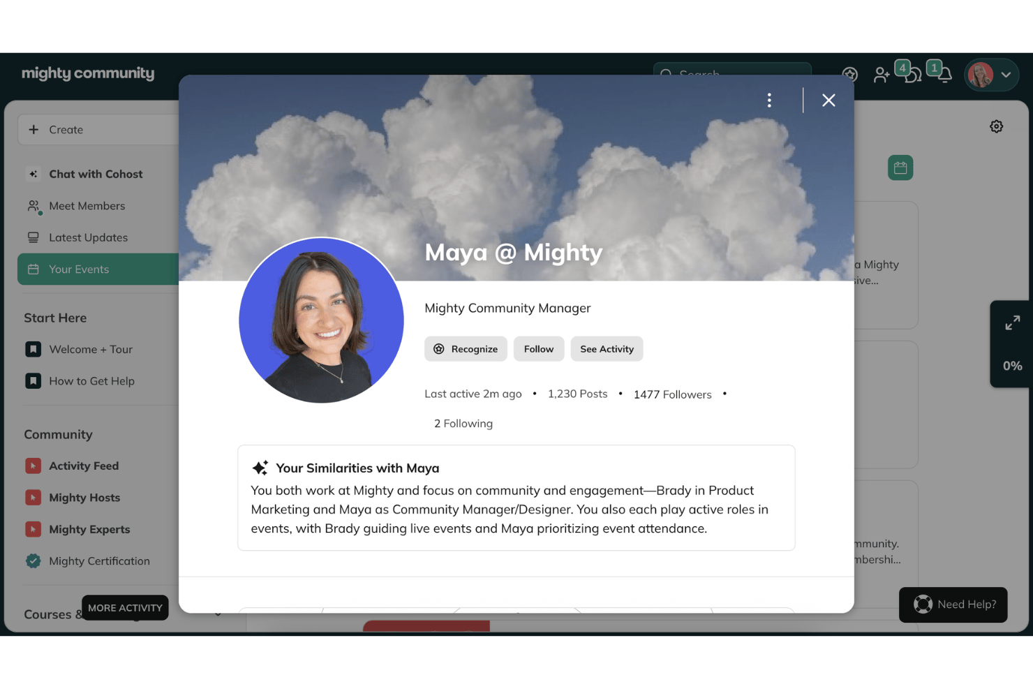 Mighty Networks personalized member profiles with interests, skills, segmentation, and community engagement features.