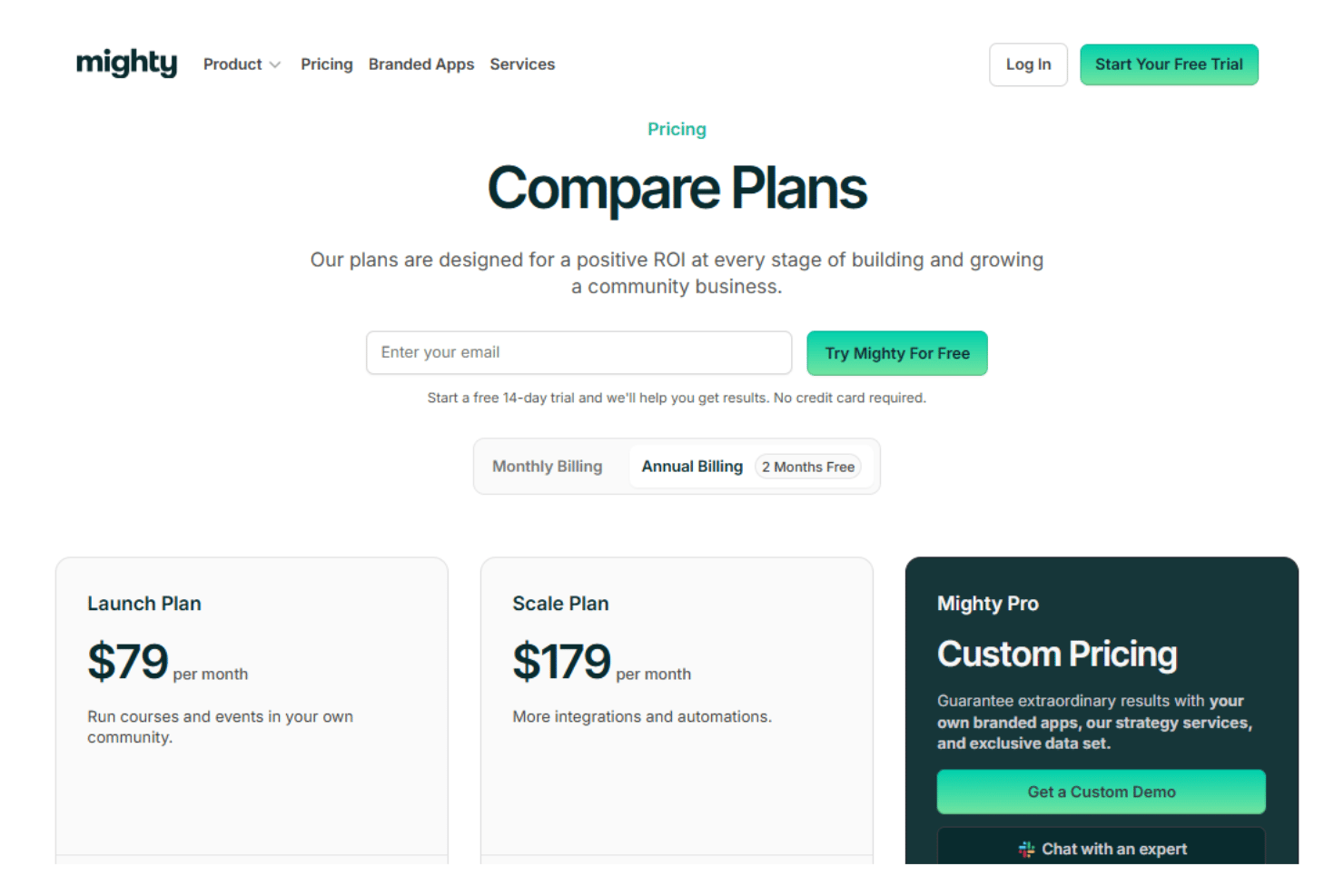 Mighty Networks pricing plans with community management, course creation, branded apps, monetization, and membership features.