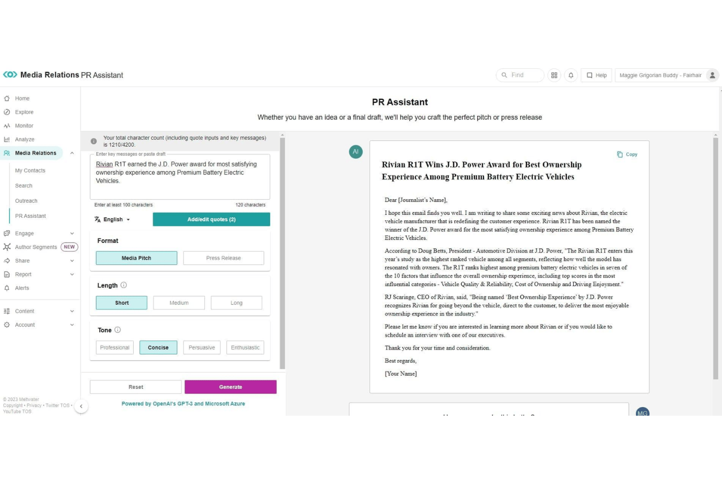Meltwater journalist tracking with pitches, interactions, and story outcomes.