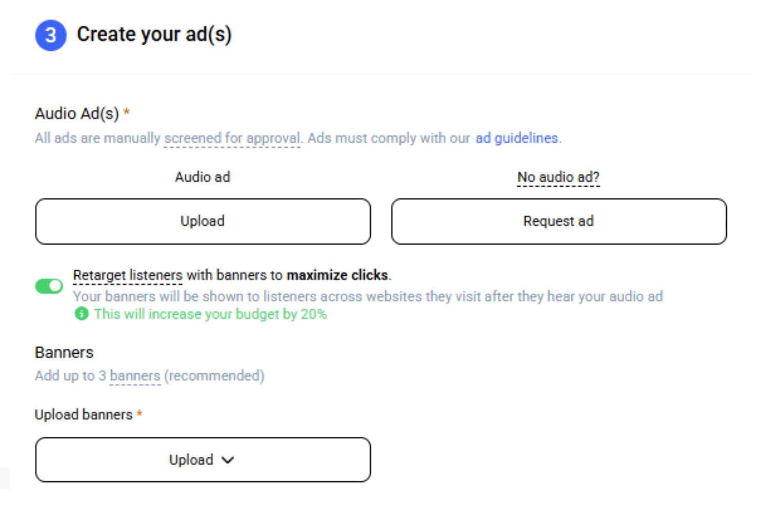 AudioGo form to upload audio ads and banner ads with retargeting toggle enabled.