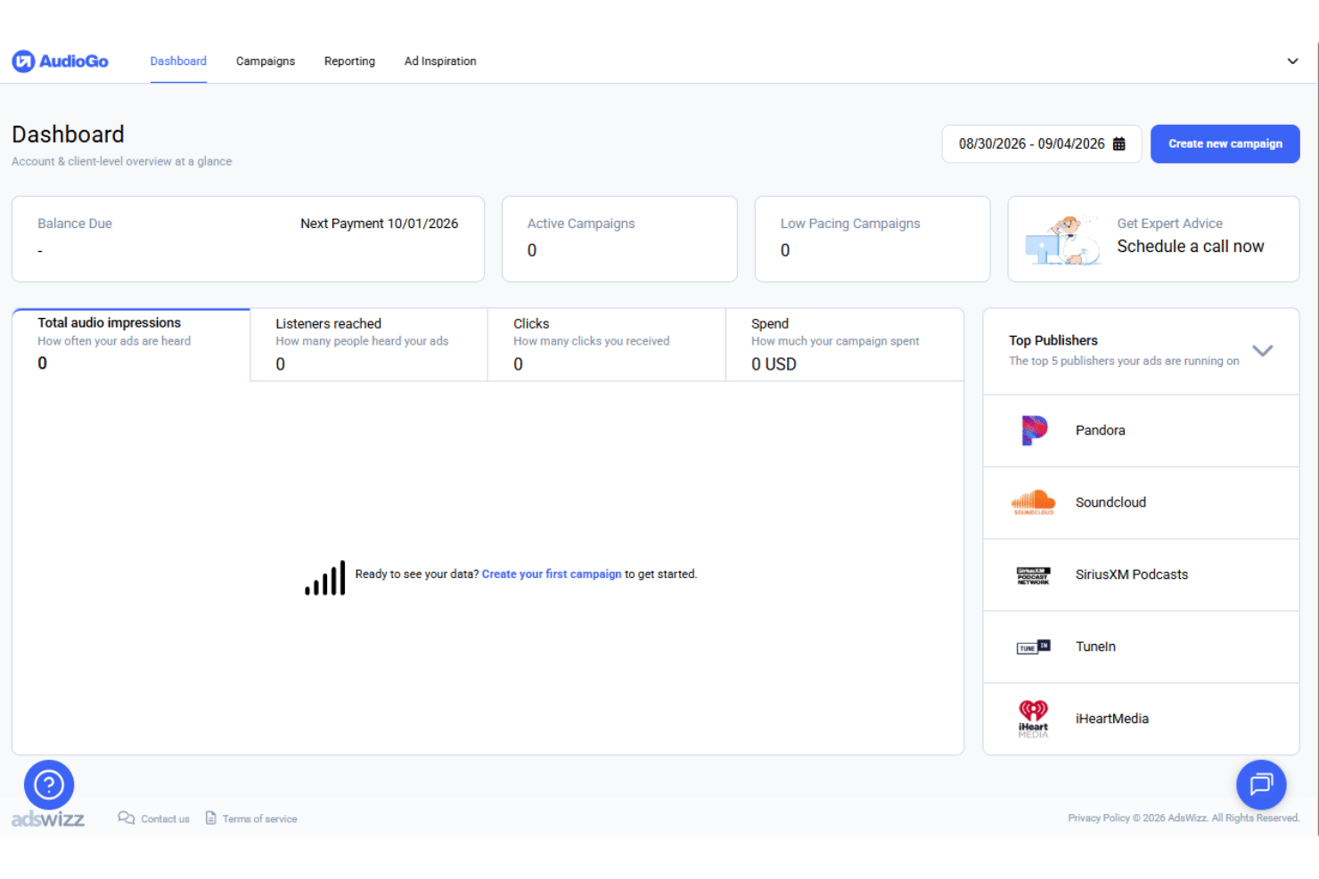 AudioGo's dashboard gives users a campaign performance overview at a glance.