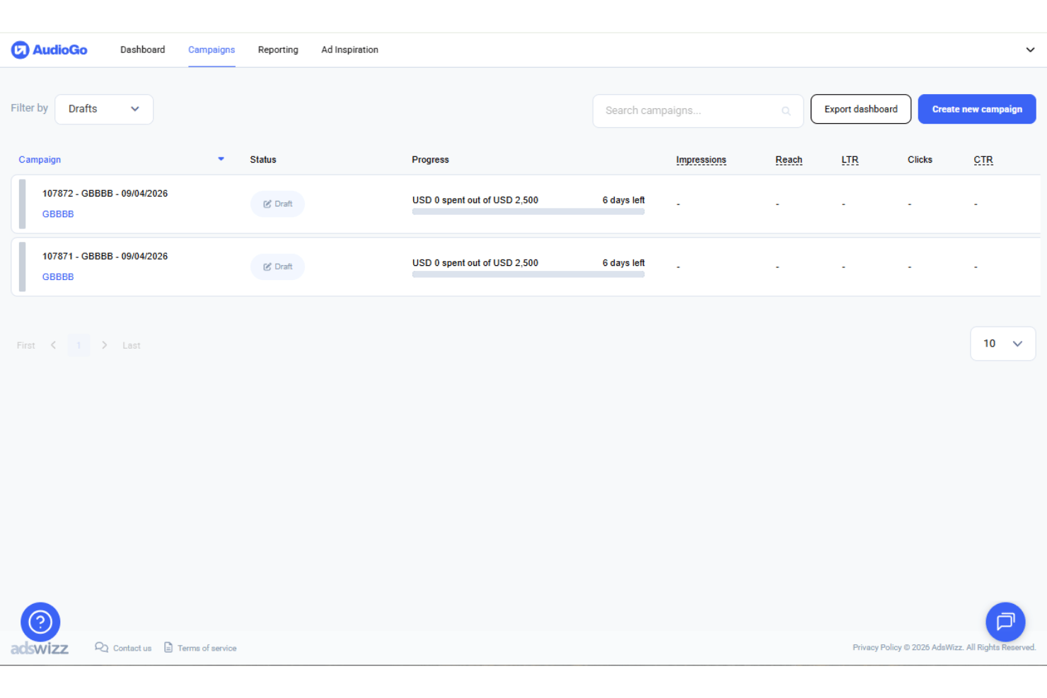 AudioGo campaigns dashboard showing two draft campaigns with budget progress bars.