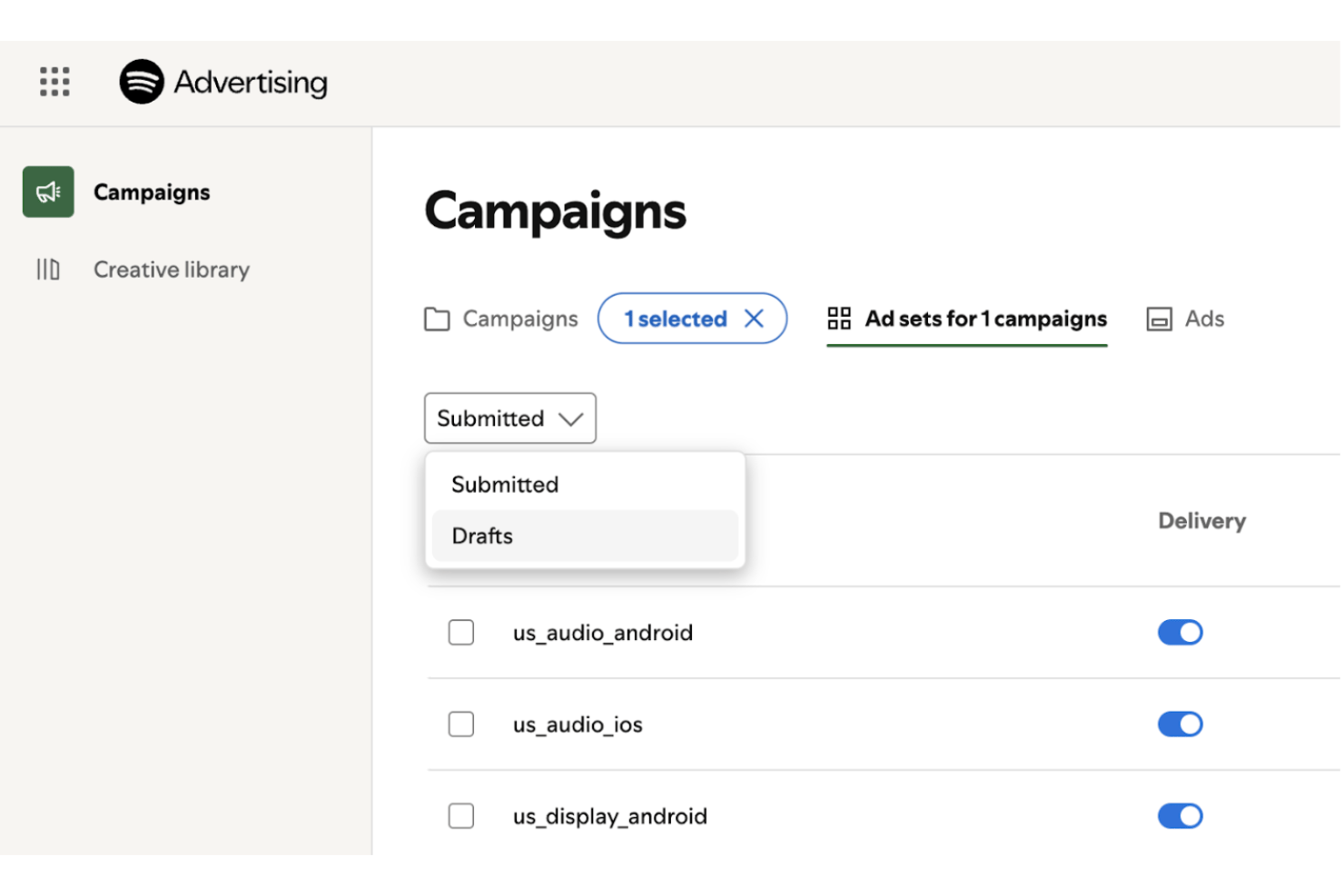 Spotify Ads Manager dashboard showing ad sets filter dropdown with Submitted and Drafts options.