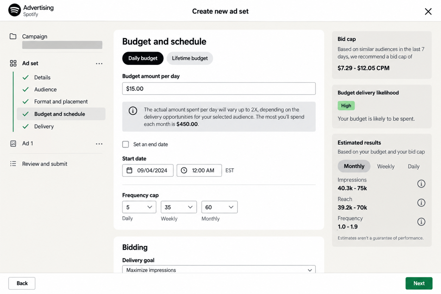 Spotify Ads Manager budget and schedule setup screen with daily budget fields.