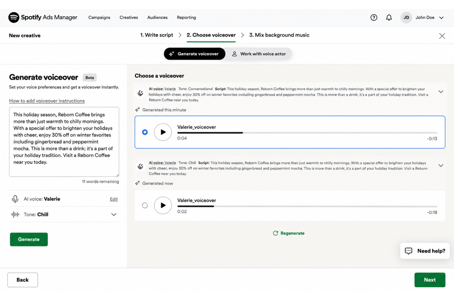 Spotify Ads Manager voiceover generation step showing AI voice options and audio playback.