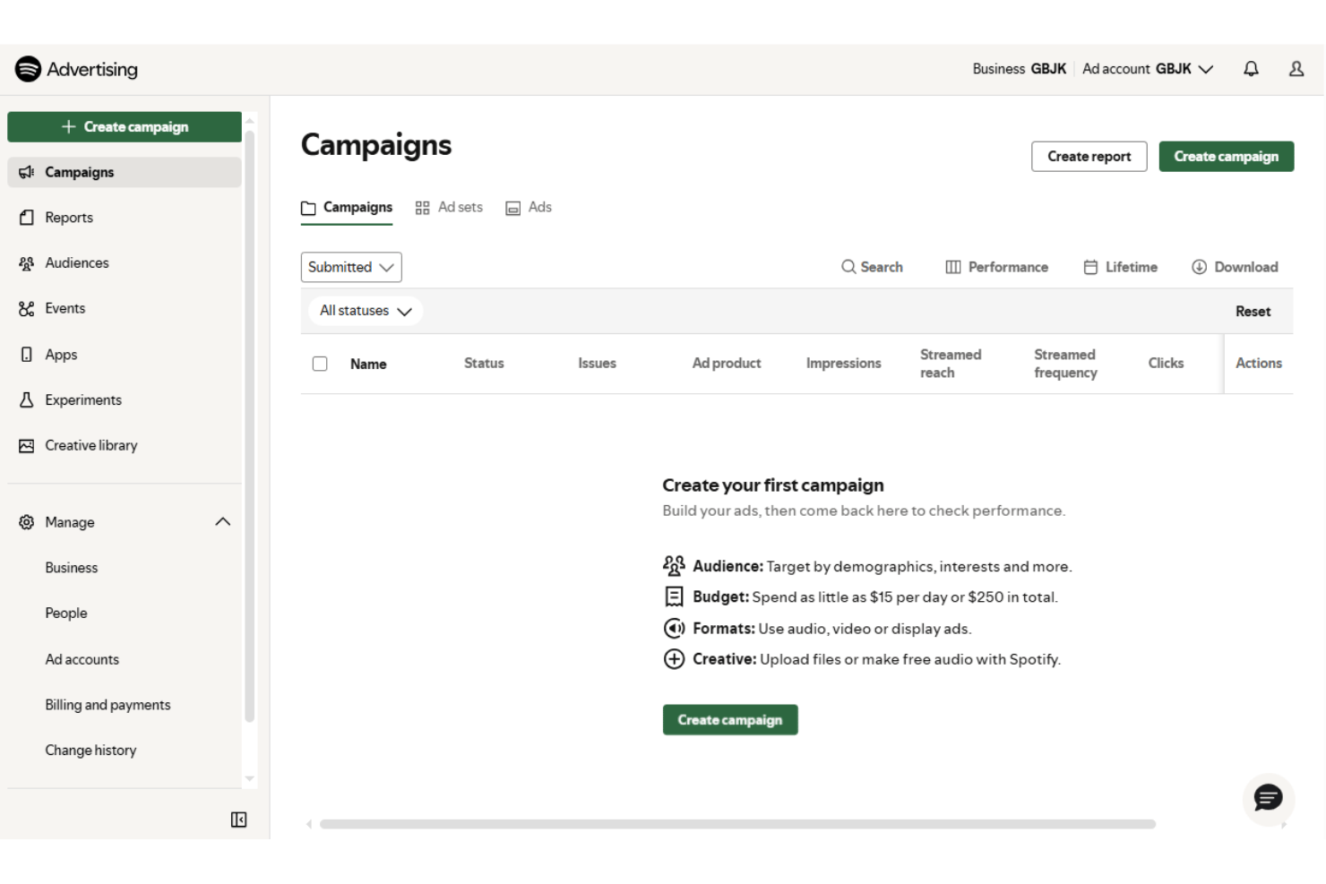 Spotify Ads Manager's Campaigns dashboard lets users track and create ads.