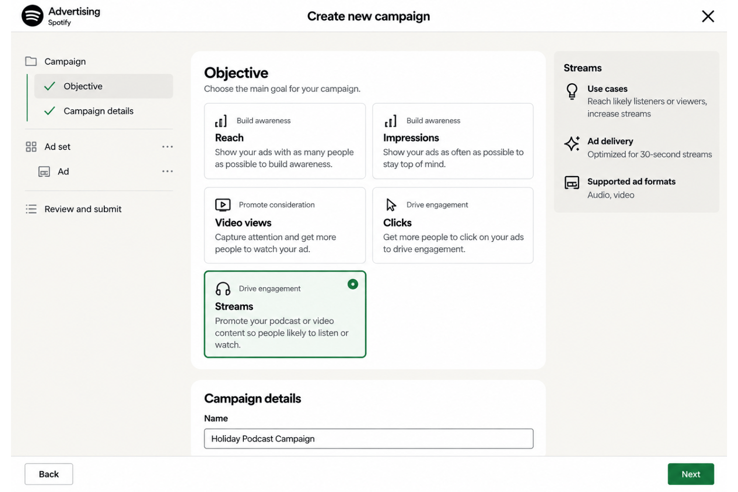 Spotify Ads Manager campaign creation screen with Streams objective selected.