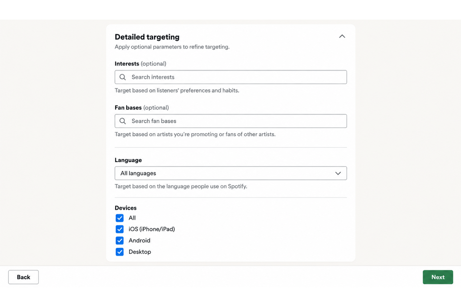 Spotify Ads Manage panel with interests, fan bases, language, and device checkboxes.