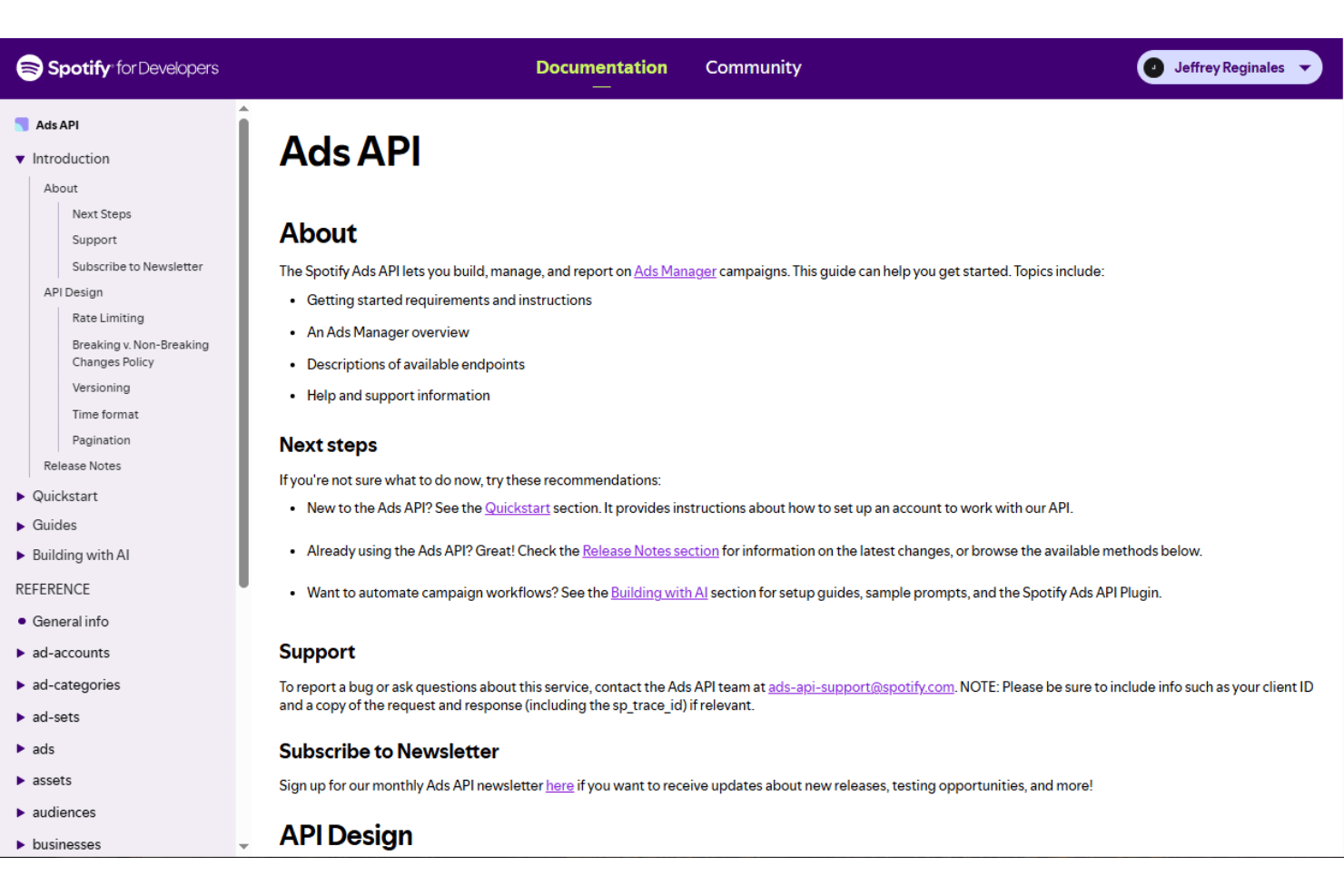 Spotify for Developers Ads API documentation page showing About section and navigation menu.