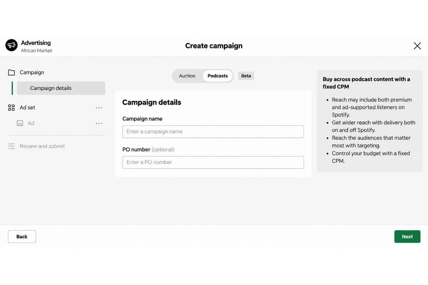 Spotify Ads Manager create campaign form with podcast ad type selected.