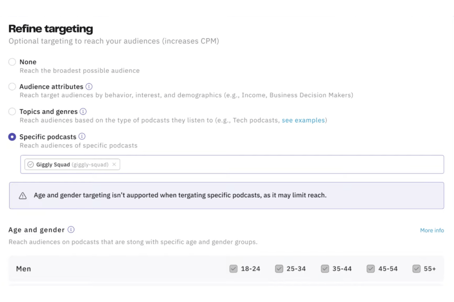 Acast ad targeting UI showing specific podcast and age-gender options.