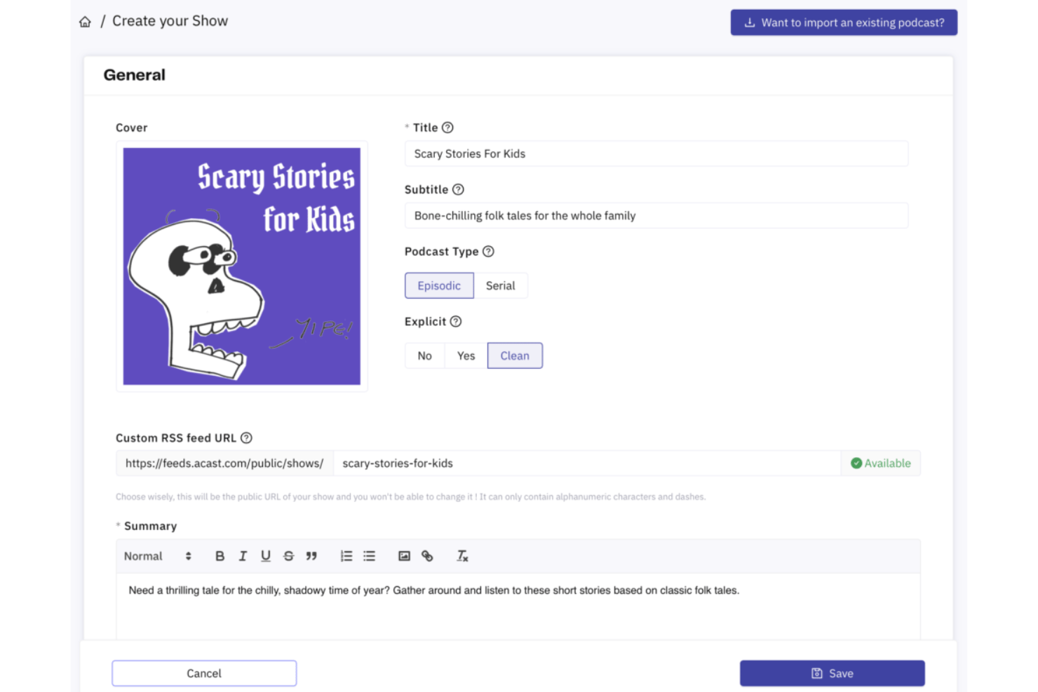 Acast podcast creation form with title, subtitle, type, and summary fields.