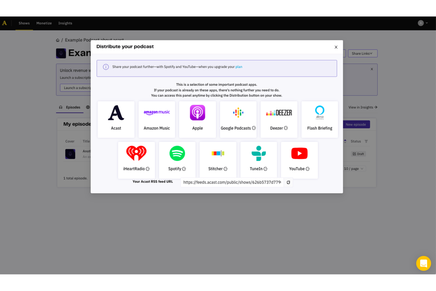 Acast showing platform integration options including Spotify, Apple, and YouTube.