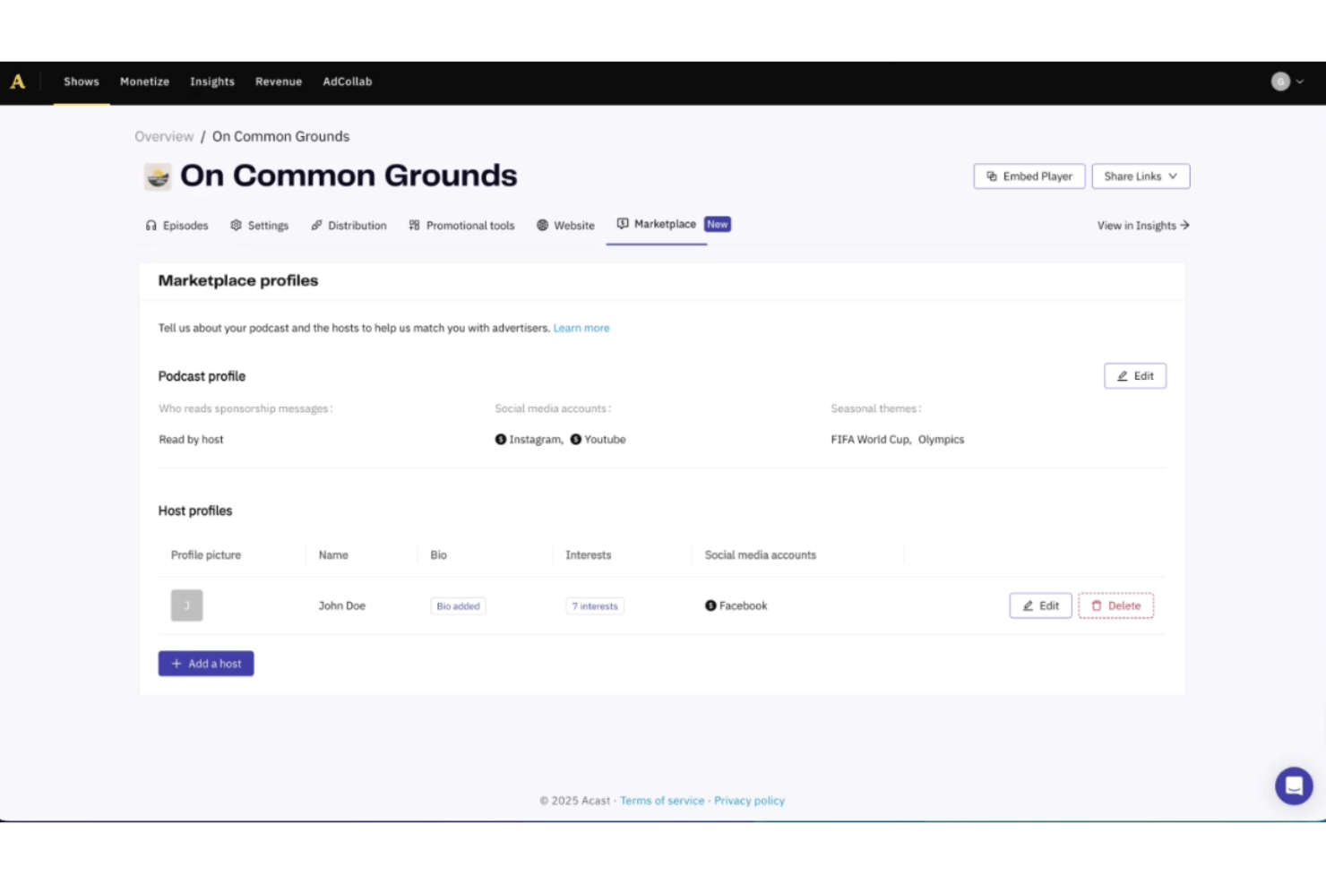 Acast marketplace profiles page showing podcast and host profile details.