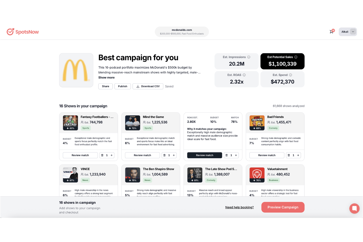 SpotsNow dashboard showing a 16-podcast campaign plan for McDonald's.