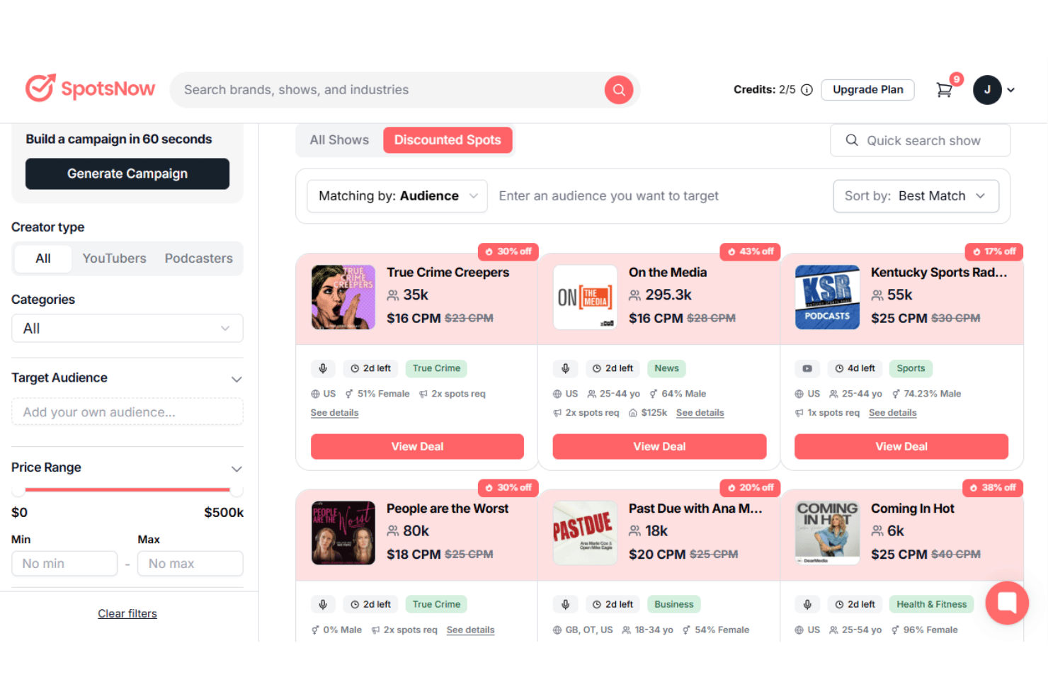SpotsNow displays discounted podcast ad spots with CPM pricing and filters.