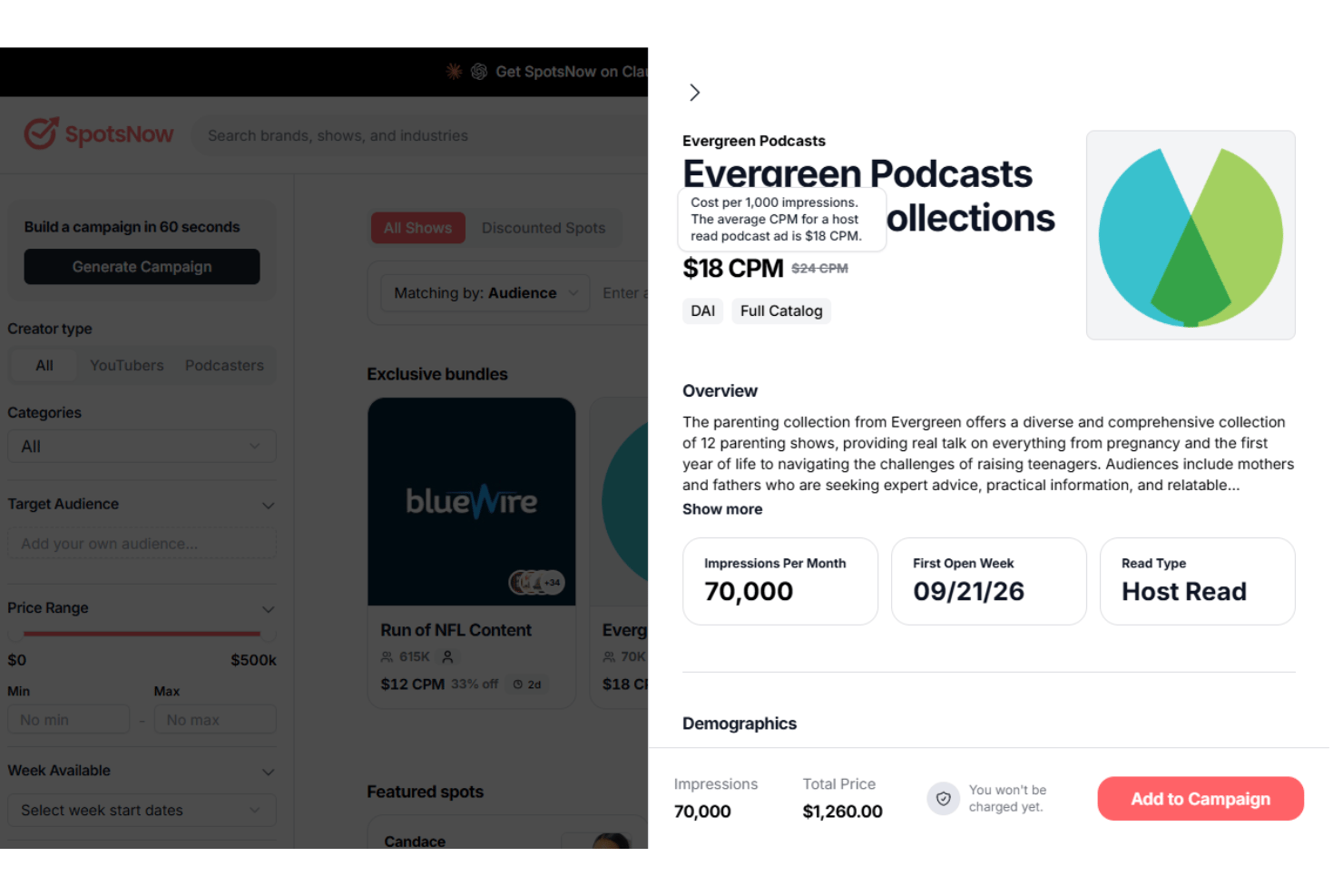 SpotsNow podcast ad booking panel showing CPM pricing, impressions, and campaign details.
