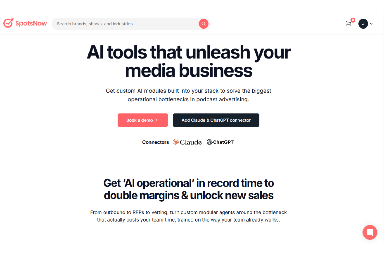 SpotsNow homepage showing Claude and ChatGPT connector buttons and AI tools headline.