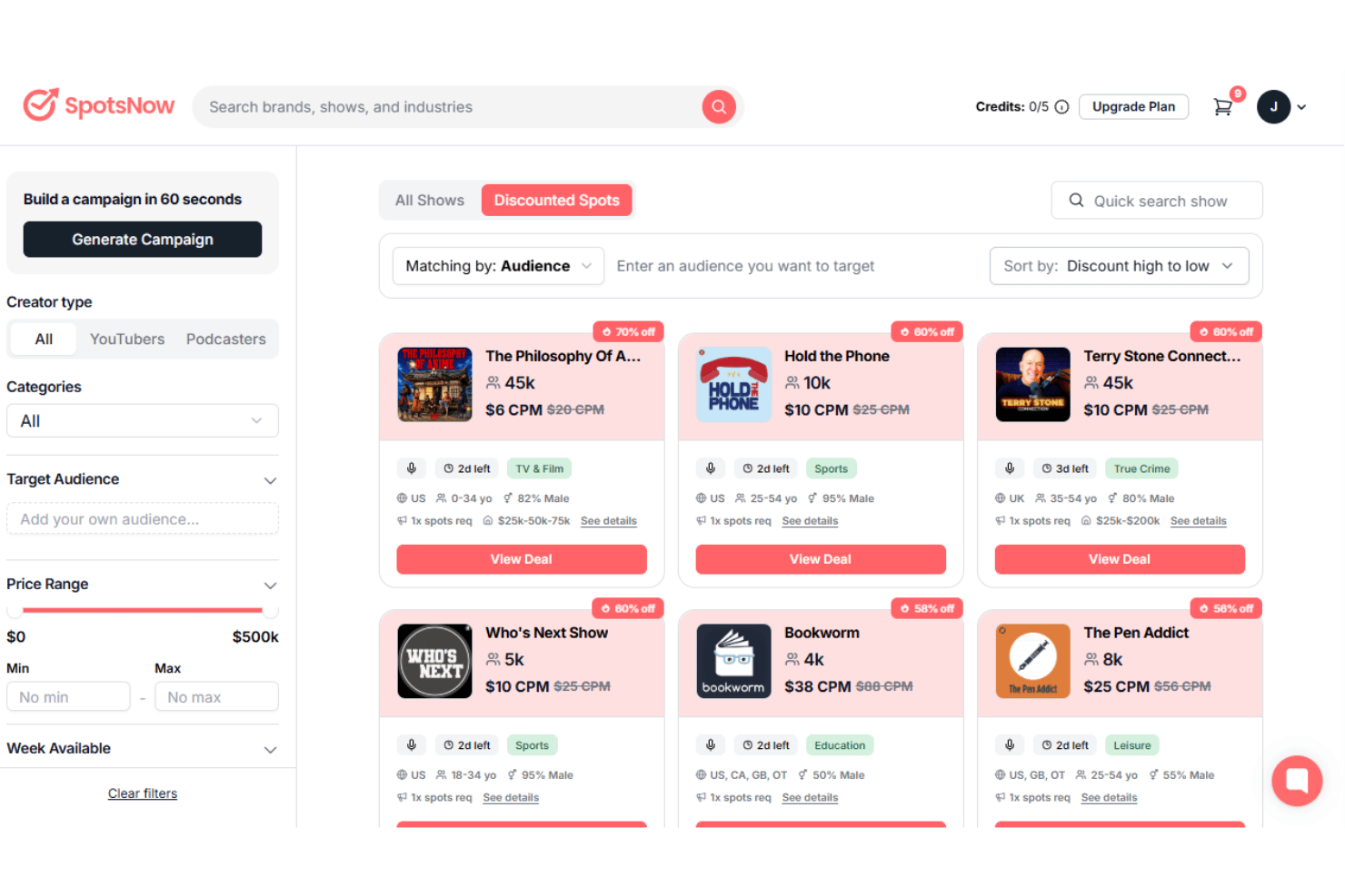 SpotsNow marketplace showing discounted podcast and YouTube ad spots with CPM pricing.