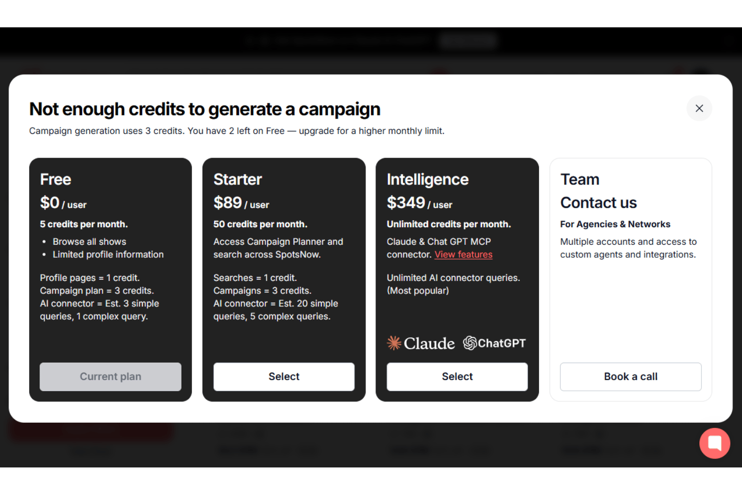 SpotsNow pricing modal showing Free, Starter, Intelligence, and Team plans with credit limits.