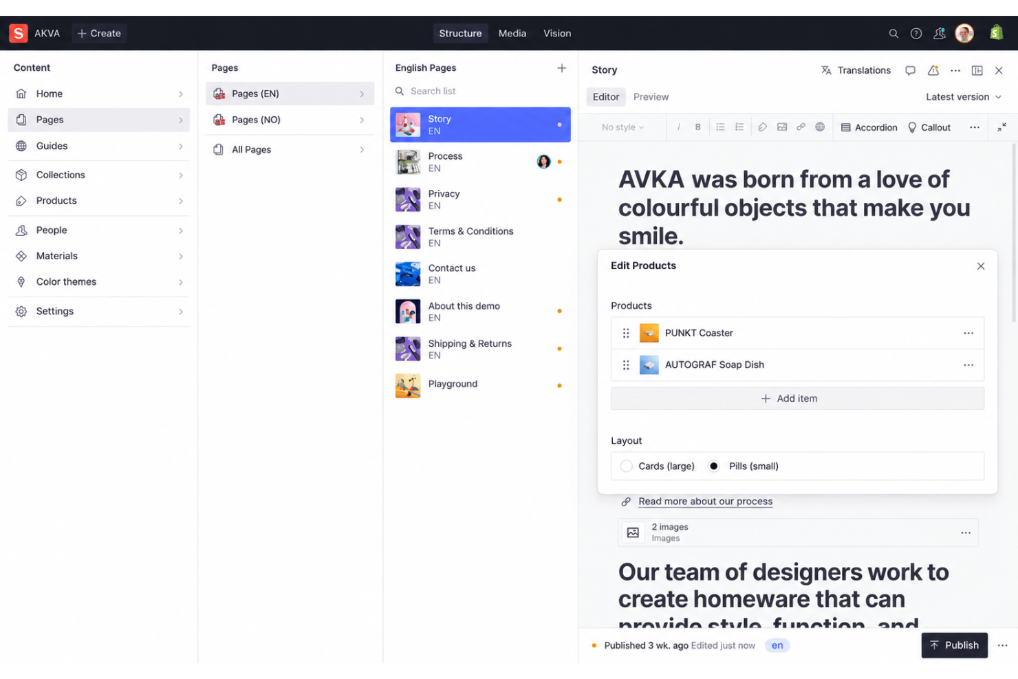 Sanity.io content model with schemas, references, arrays, and validation.