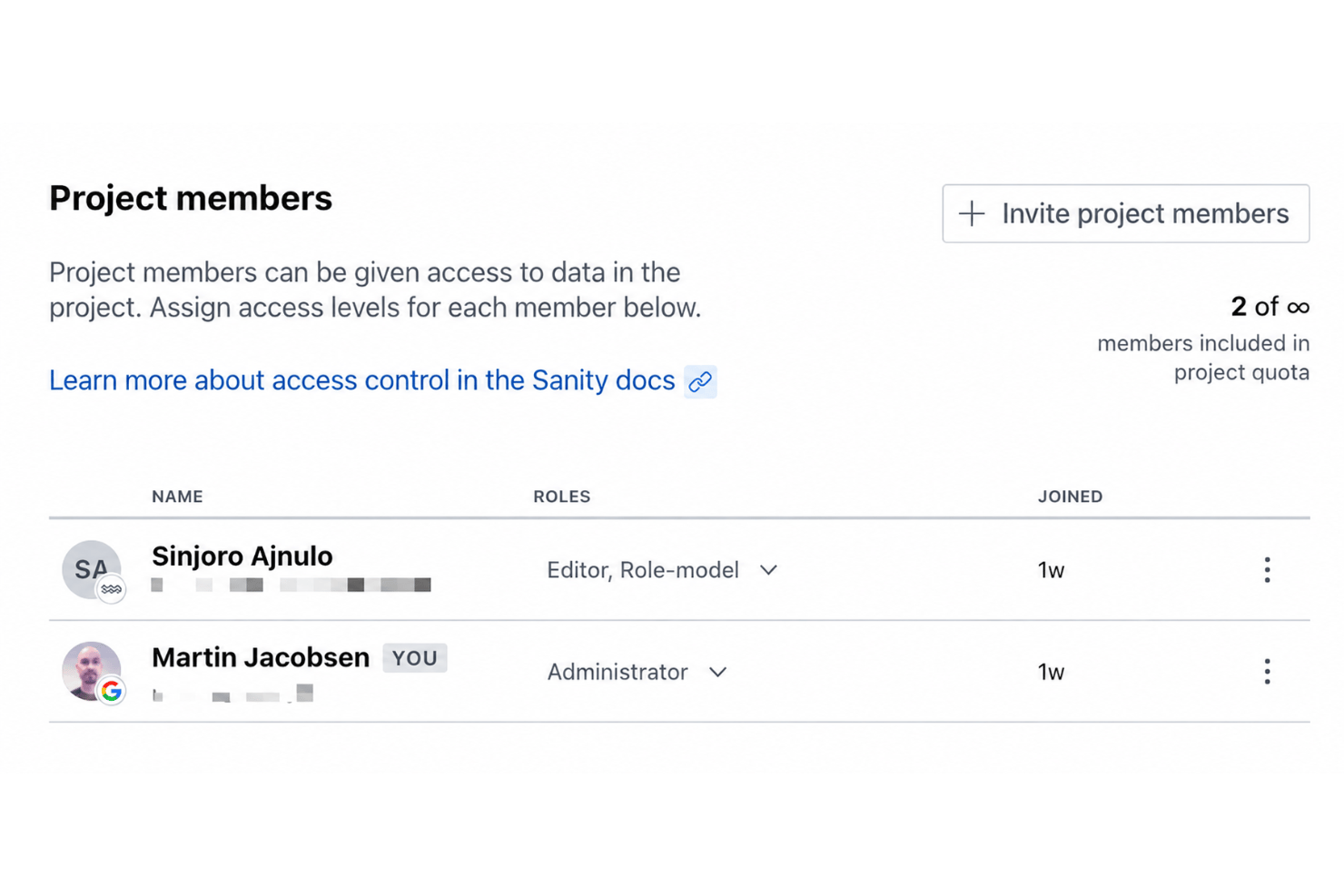 Sanity.io access controls with user roles and editing permissions.