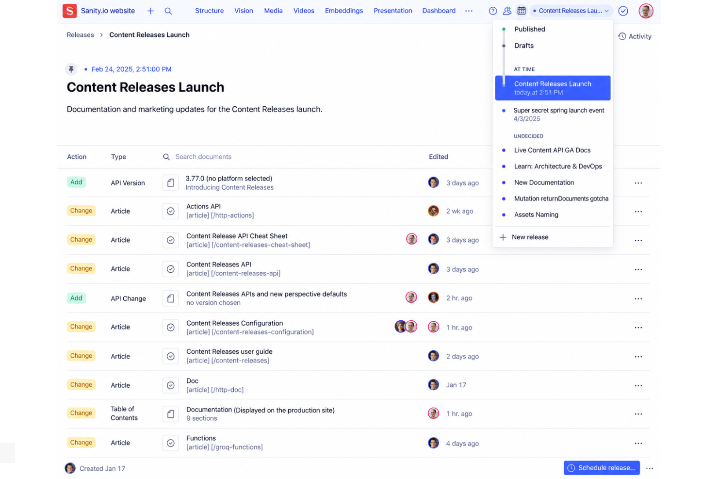 Sanity.io content history with document versions and staged releases.