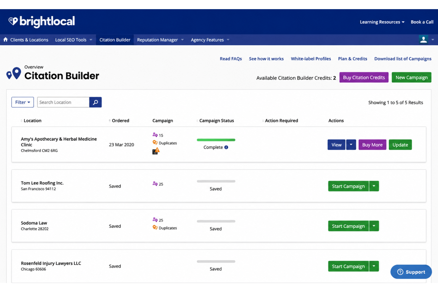 BrightLocal citation builder with directory listings and submission status.