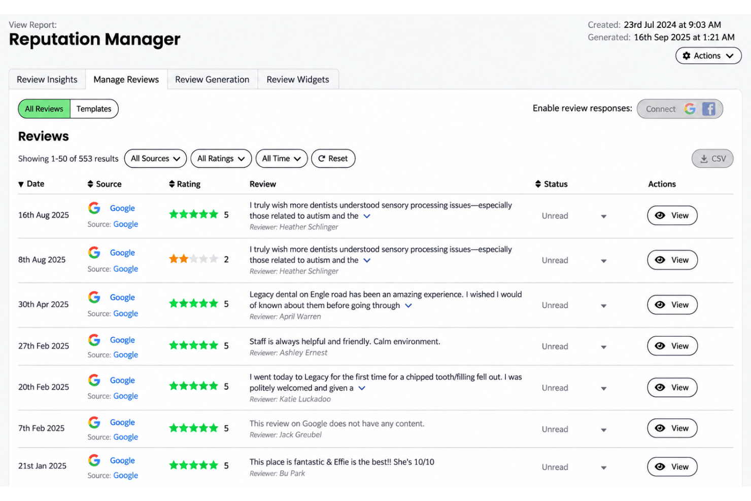 BrightLocal review dashboard with ratings, alerts, and review campaigns.