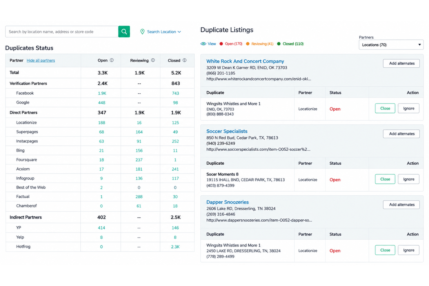 Moz Local duplicate management with detected and suppressed listings.