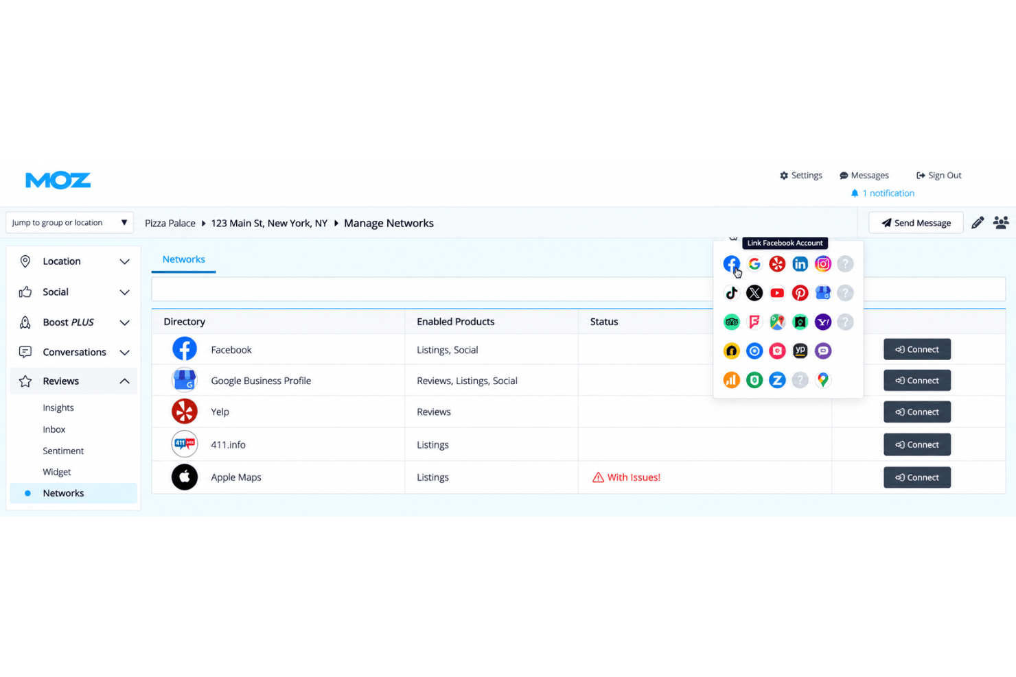 Moz Local integrations with Google, Facebook, Apple Maps, Bing, and Yelp.