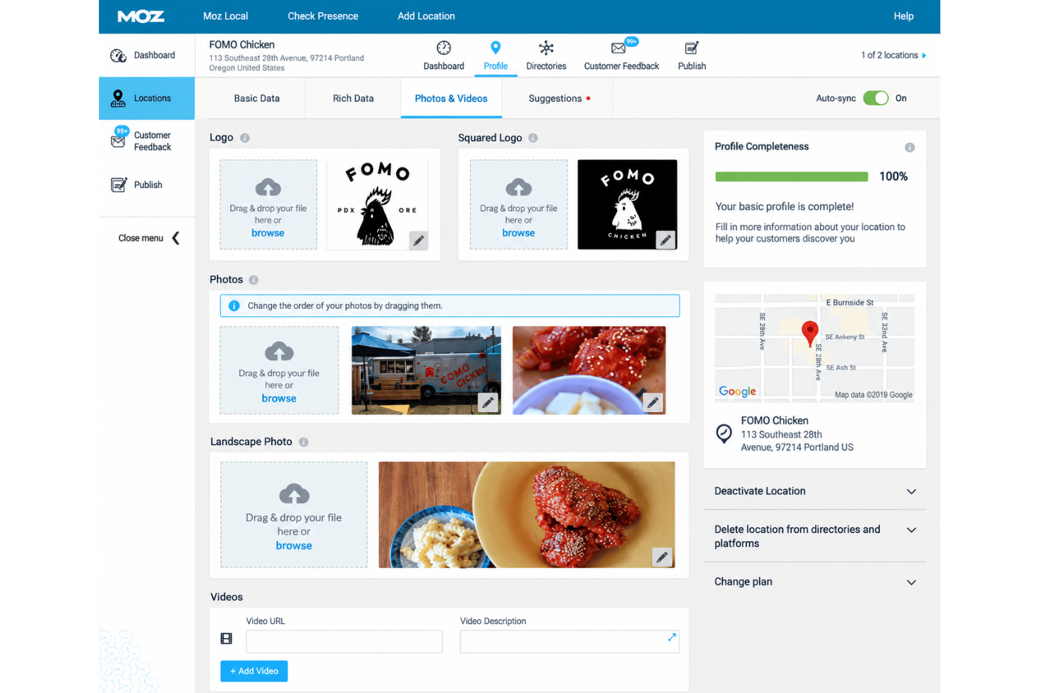 Moz Local location data with address, phone, hours, and attributes.