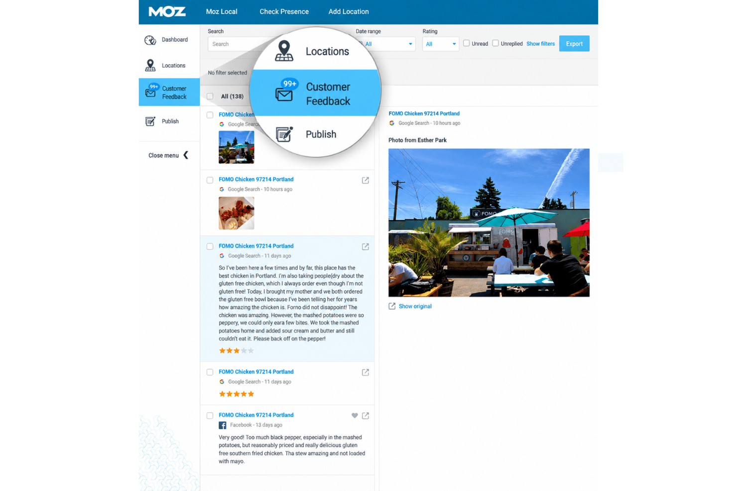 Moz Local review monitoring with ratings, feedback, and alerts.