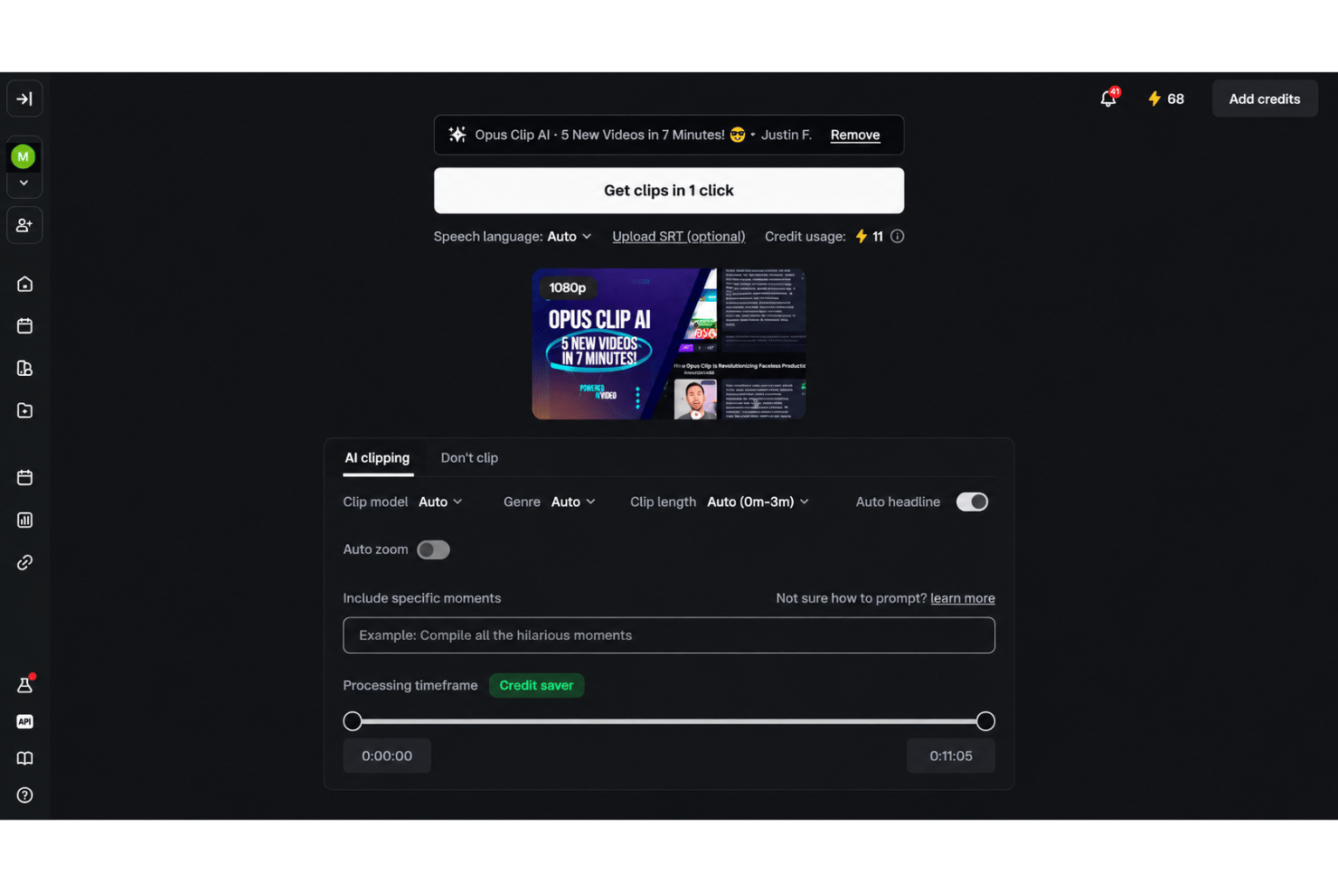 OpusClip AI clip generation with automatically selected video highlights.