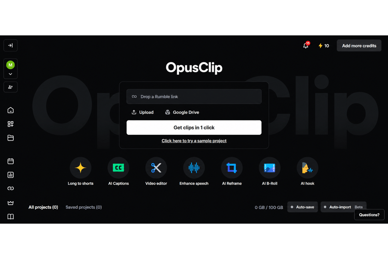 OpusClip interface with AI-generated clips, captions, and editing tools.