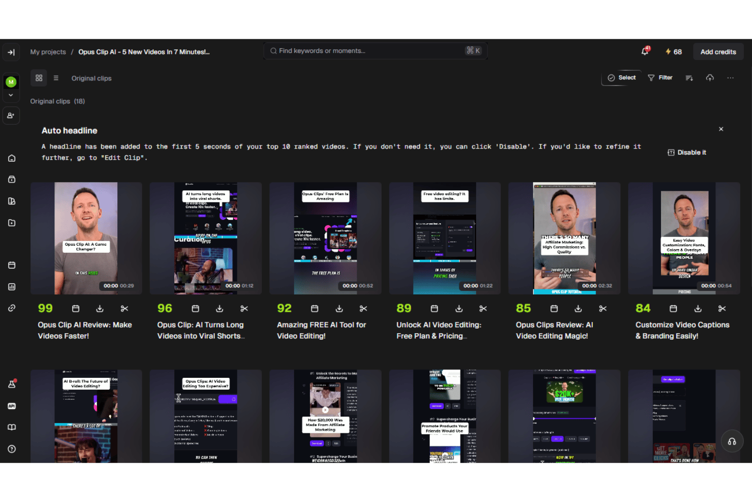 OpusClip Virality Score with video rankings and performance predictions.
