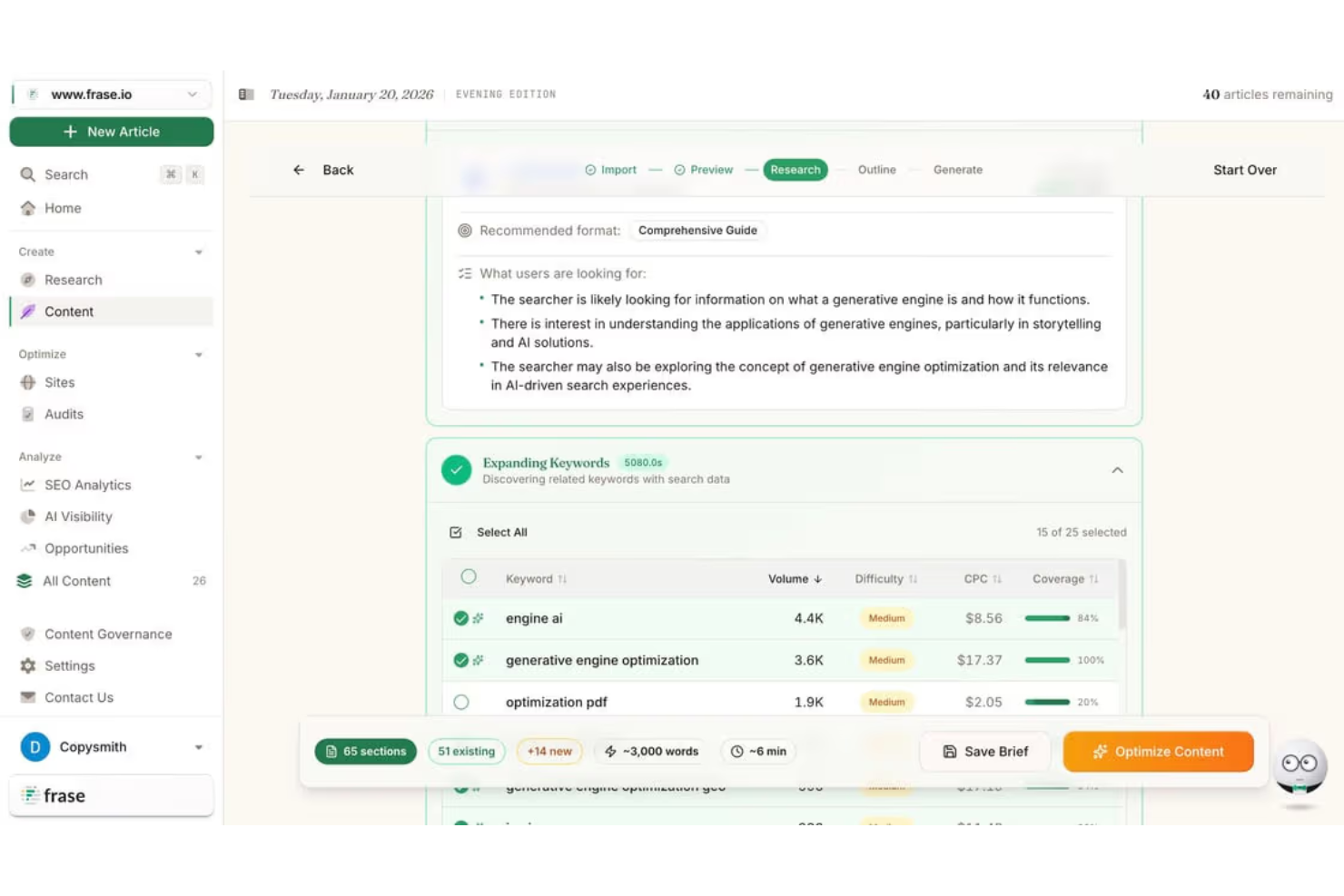Frase screenshot - 10 SEO-Schreibtools ausgewählt für 2026